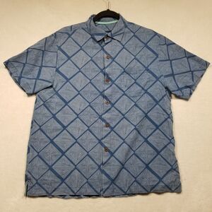 Tommy Bahama Shirt Mens Med Blue Camp Hawaiian 100% Silk Short Sleeve Geometric